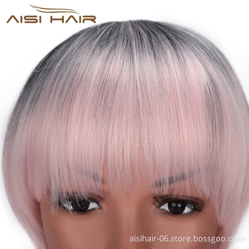 Aisi Hair High Temperature Fiber Straight Short Bob Wigs Ombre Pink Short Bob Wigs with Neat Bangs Cosplay Short Bob Wigs